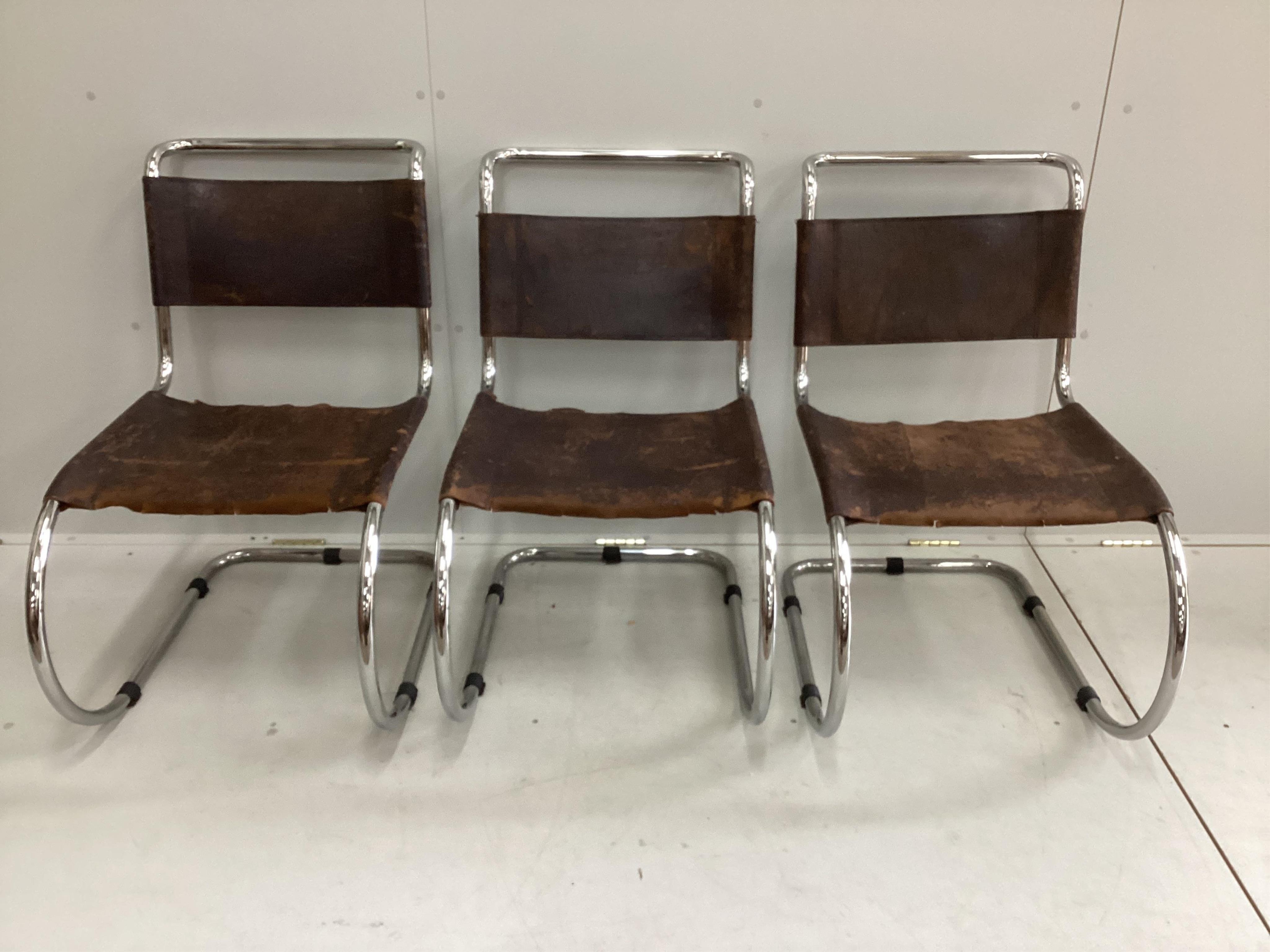 Mies Van Der Rohe for Thonet, a set of six mid century MR10 cantilever chairs with tan leather pads, width 50cm, depth 74cm, height 82cm. Condition - fair